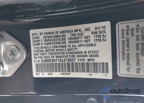2010 Honda Cr-V Ex-L from USA, damaged, VIN 5J6RE3H71AL013037